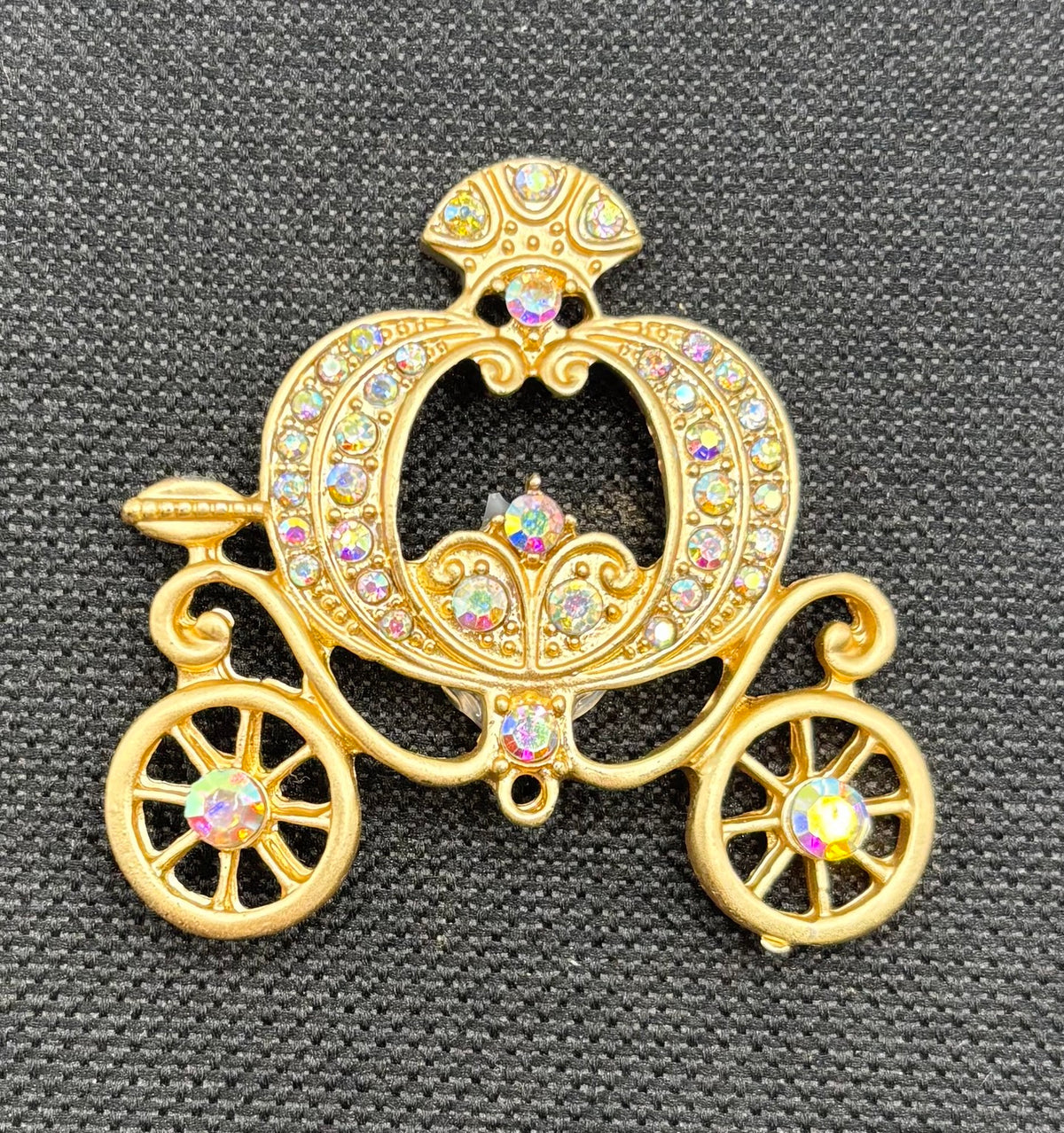 Beautiful Gold and Crystal Pumpkin Carriage Needle Minder — dark fabric