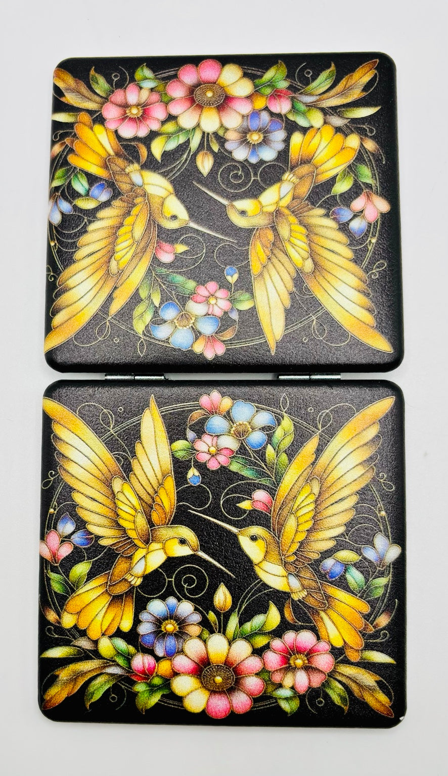 Golden Hummingbirds on Flowers Bead Case showing both decorated panels