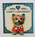 Gray dog in red heart sweater needle minder on display card