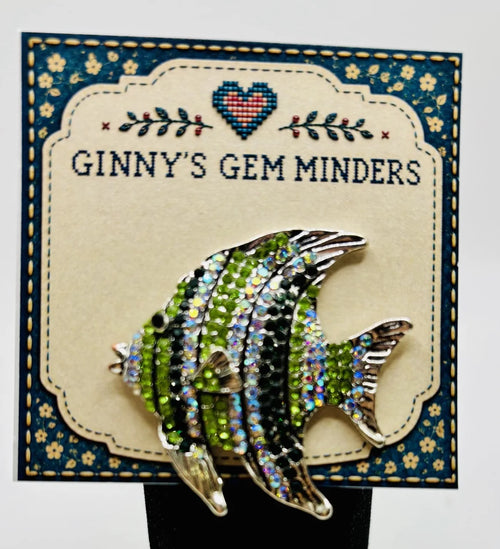 Green crystal angelfish needle minder on Ginny’s Gem Minders display card