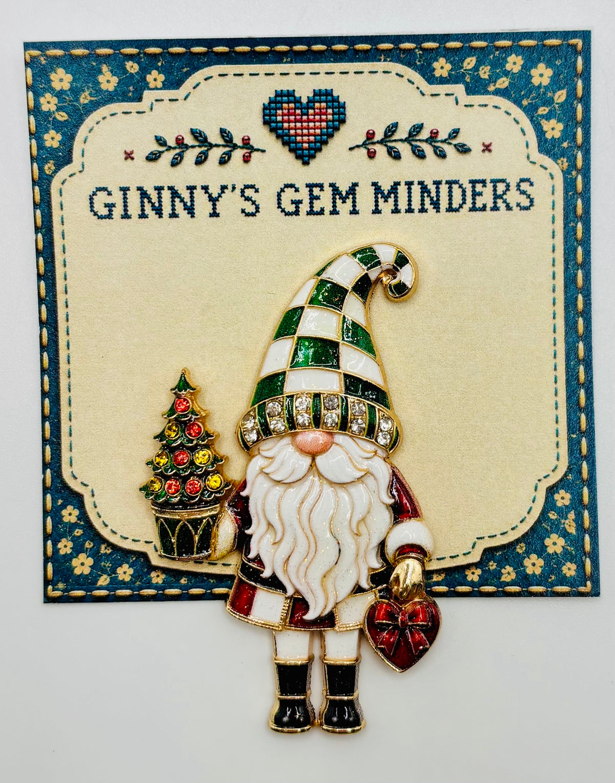 Lovely Green Hat Gnome Needle Minder on display card
