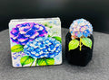 Blue and purple hydrangea bead case paired with a floral hydrangea needle minder