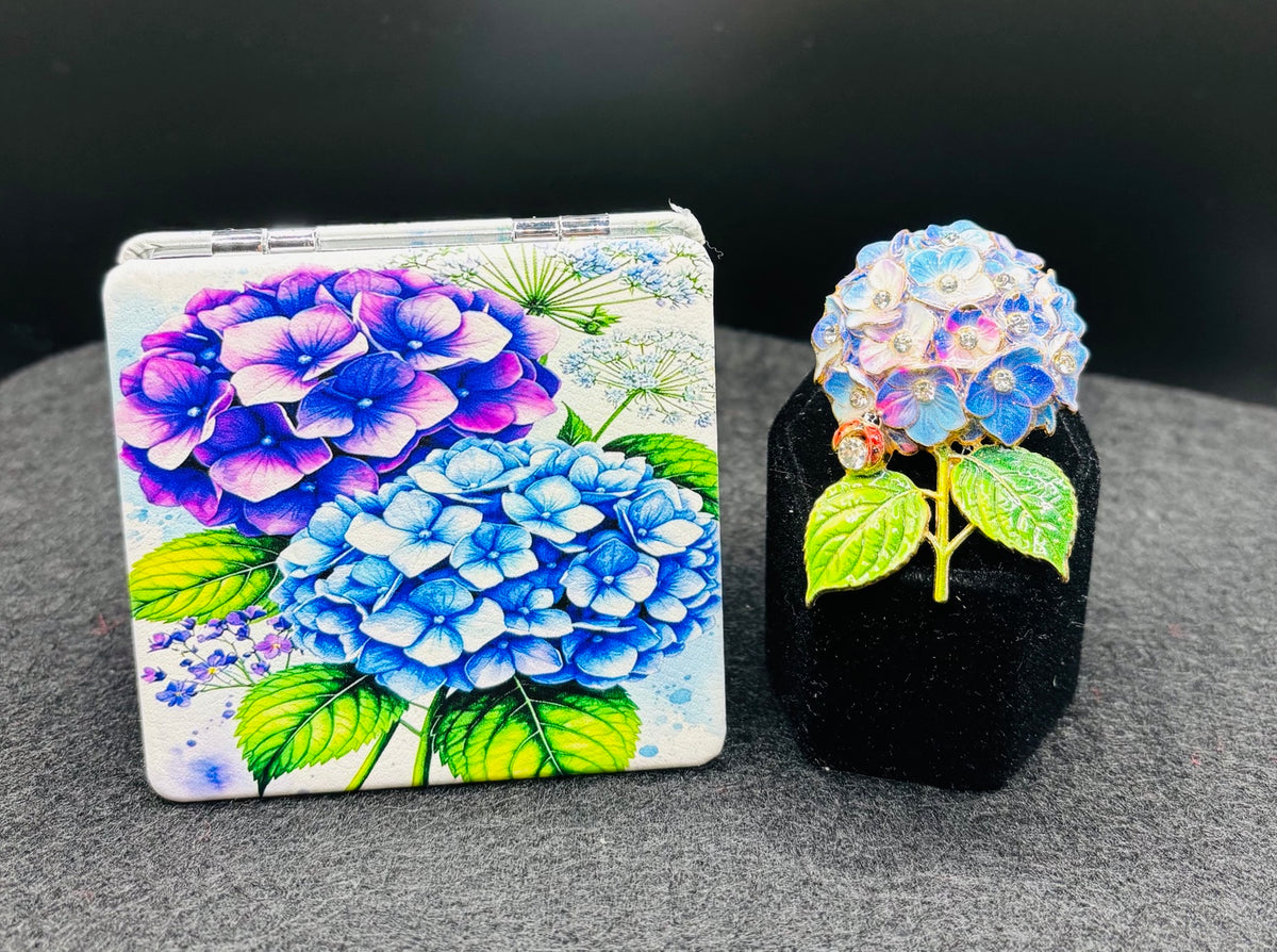 Blue and purple hydrangea bead case paired with a floral hydrangea needle minder