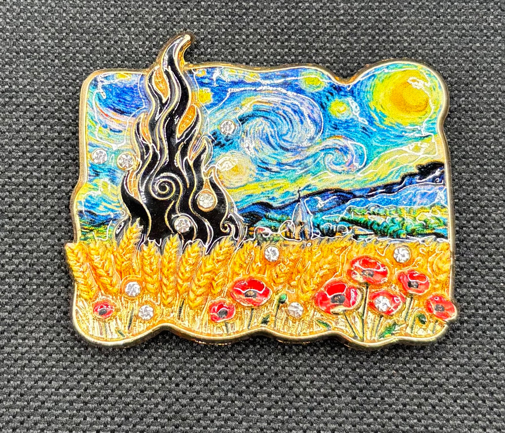Spectacular Enamel Impressionist Starry Sky Needle Minder — dark fabric