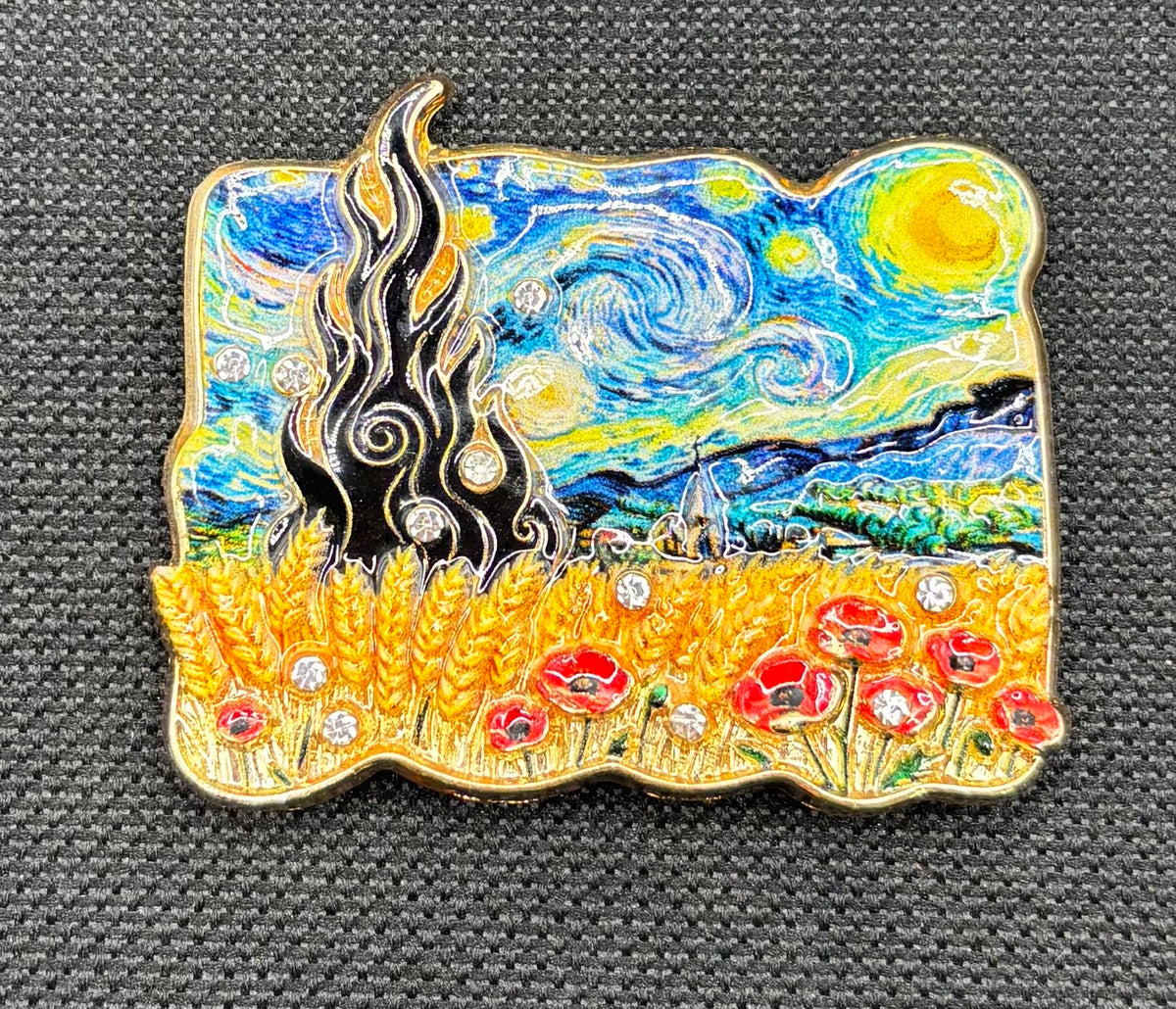 Spectacular Enamel Impressionist Starry Sky Needle Minder — dark fabric