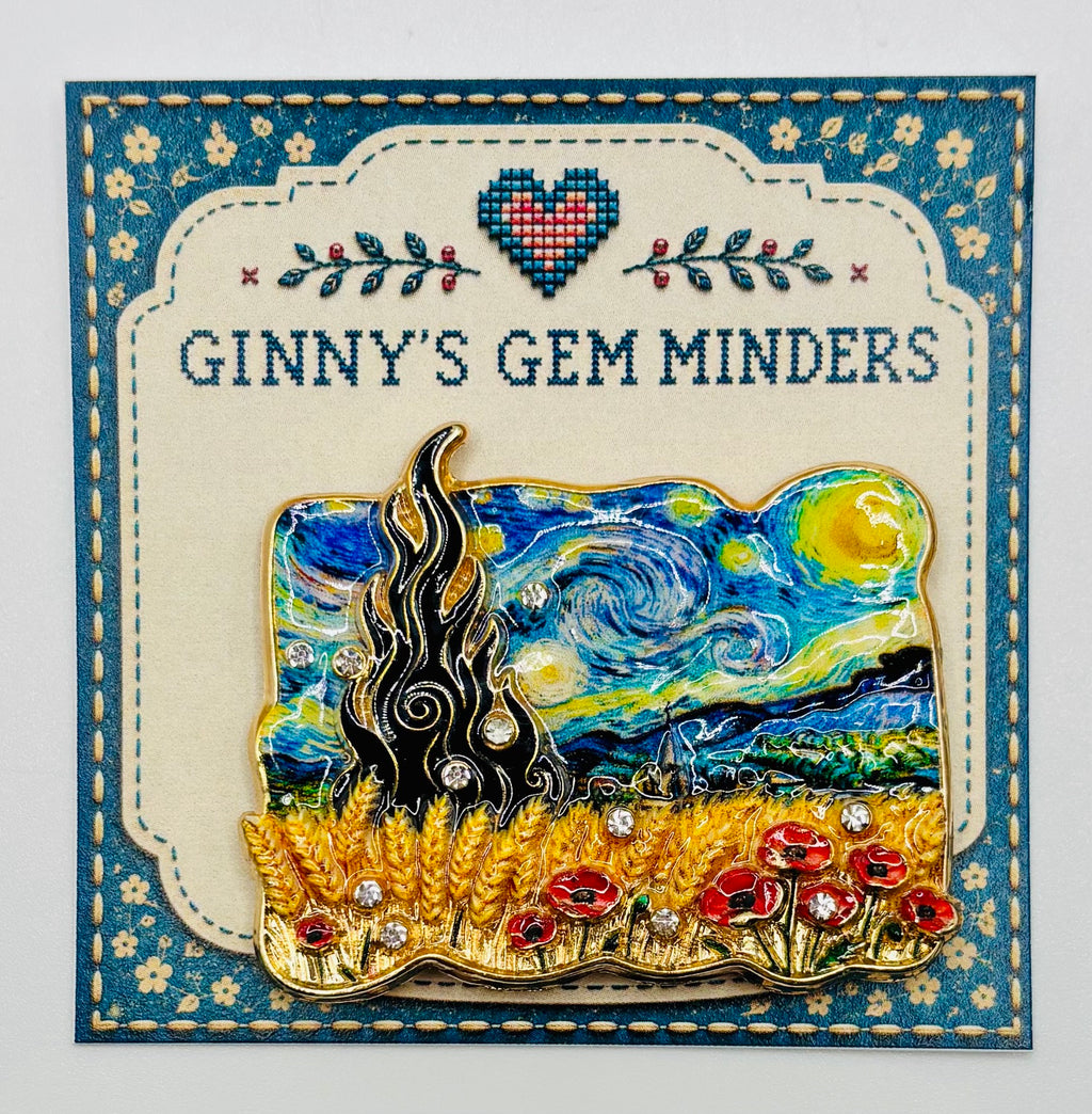 Spectacular Enamel Impressionist Starry Sky Needle Minder — display card