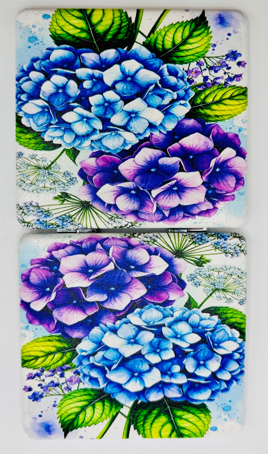 Lovely Lavender and Blue Hydrangeas Bead Case showing both decorated panels