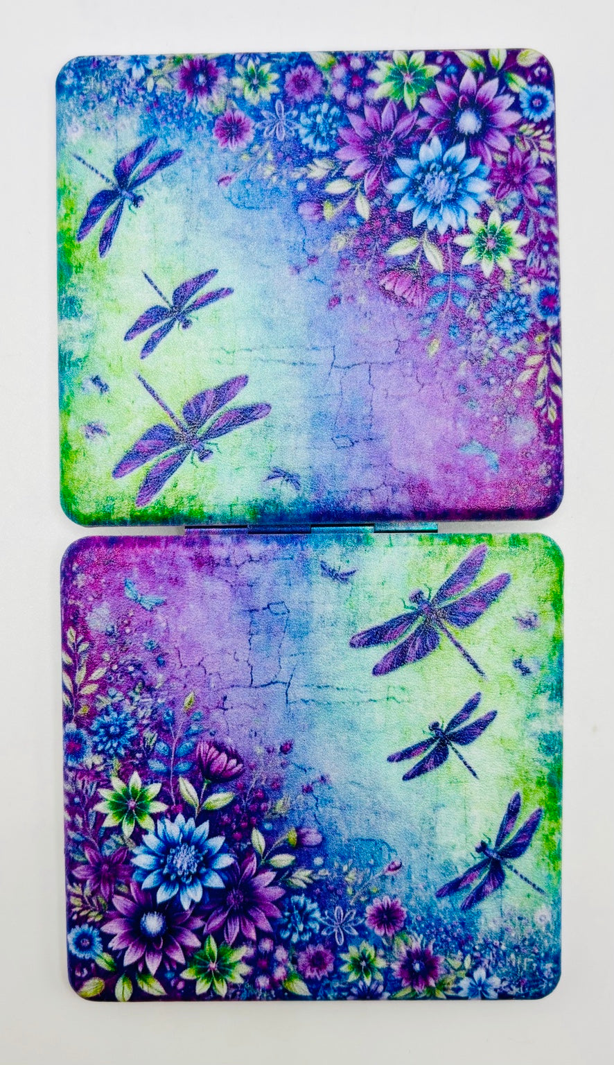 Pretty Lavender Flowers and Dragonflies Bead Case showing both decorated panels