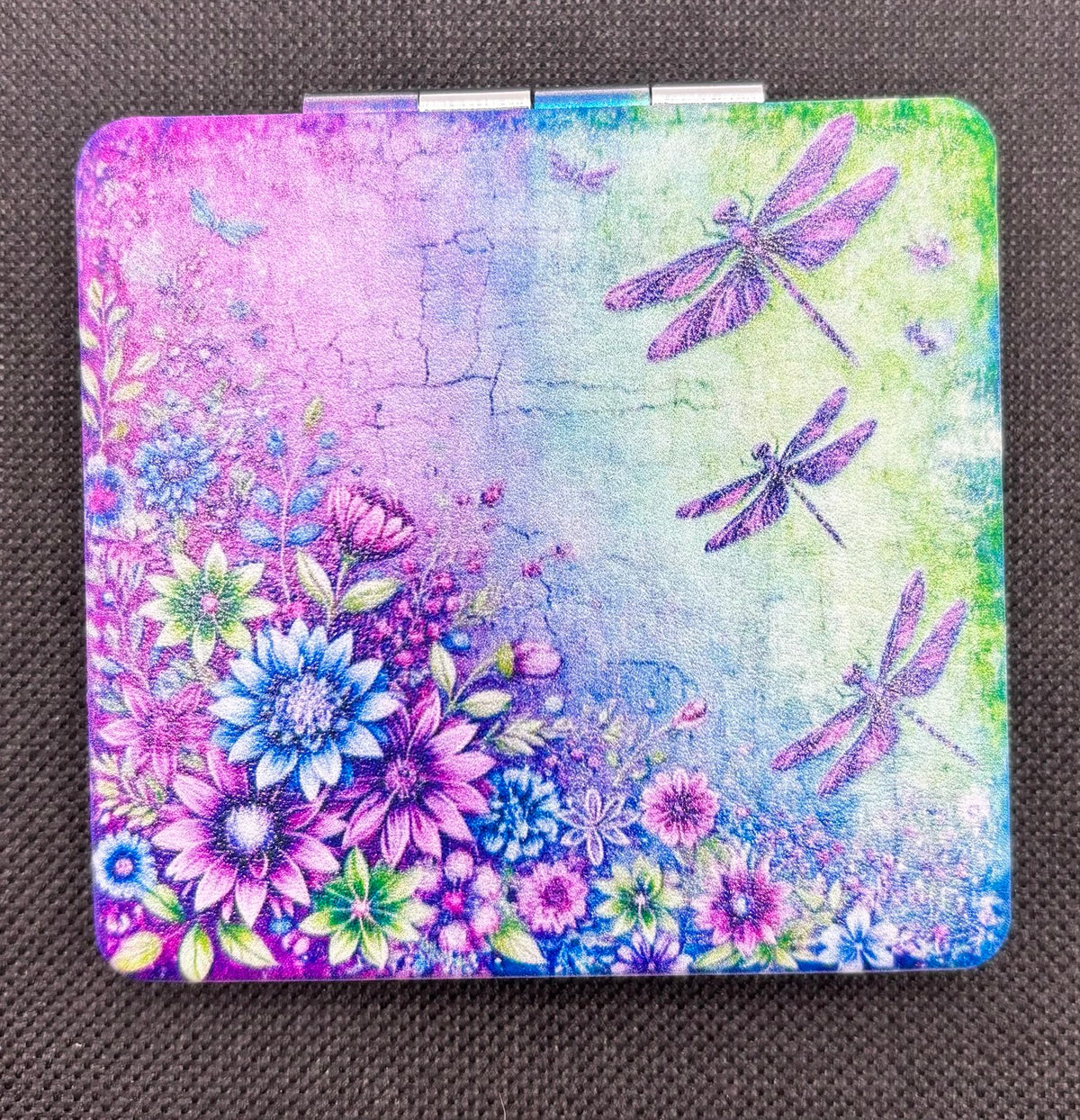 Pretty Lavender Flowers and Dragonflies Bead Case on dark fabric
