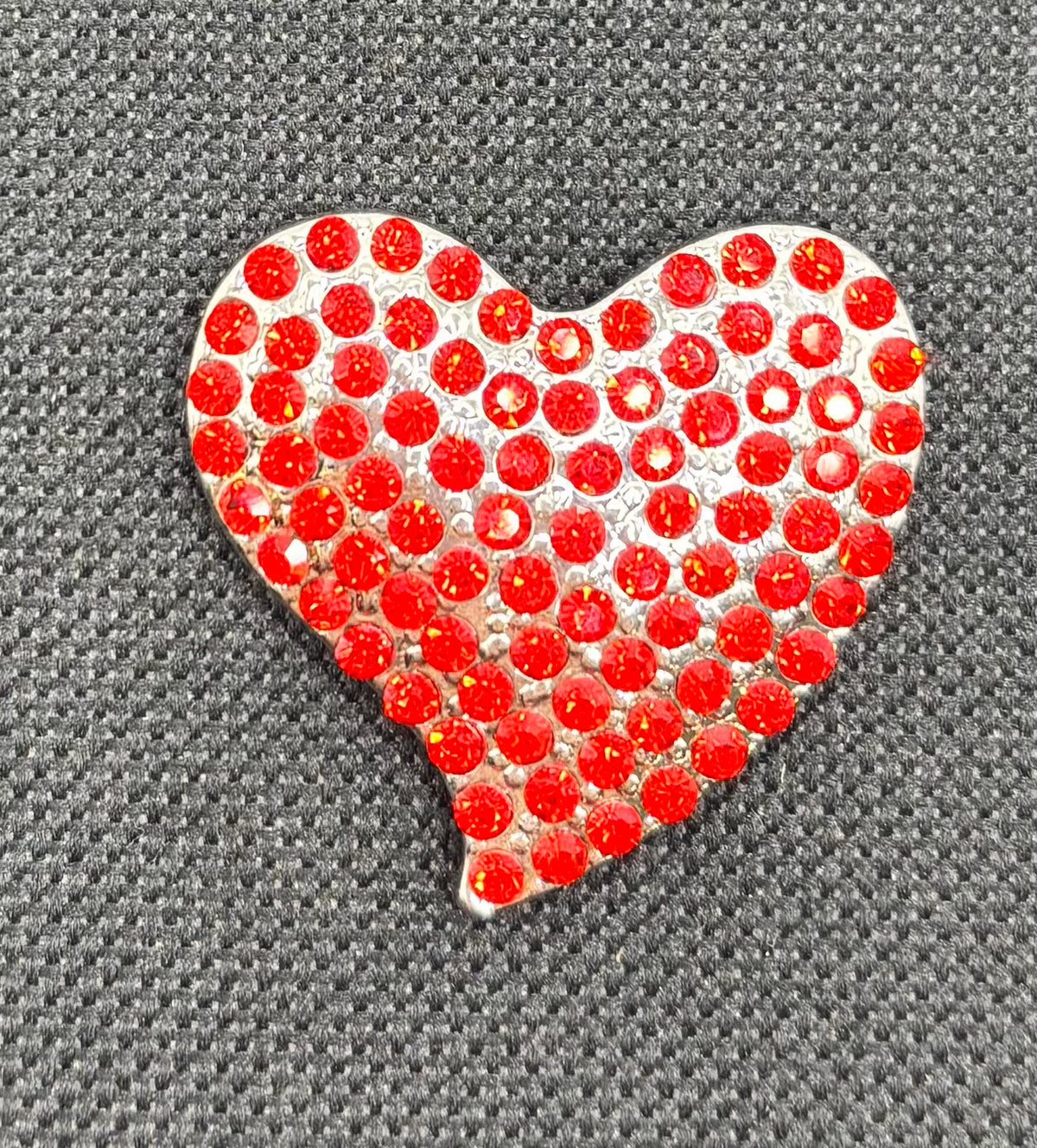 Lovely Little Red Crystal Heart Needle Minder — dark fabric