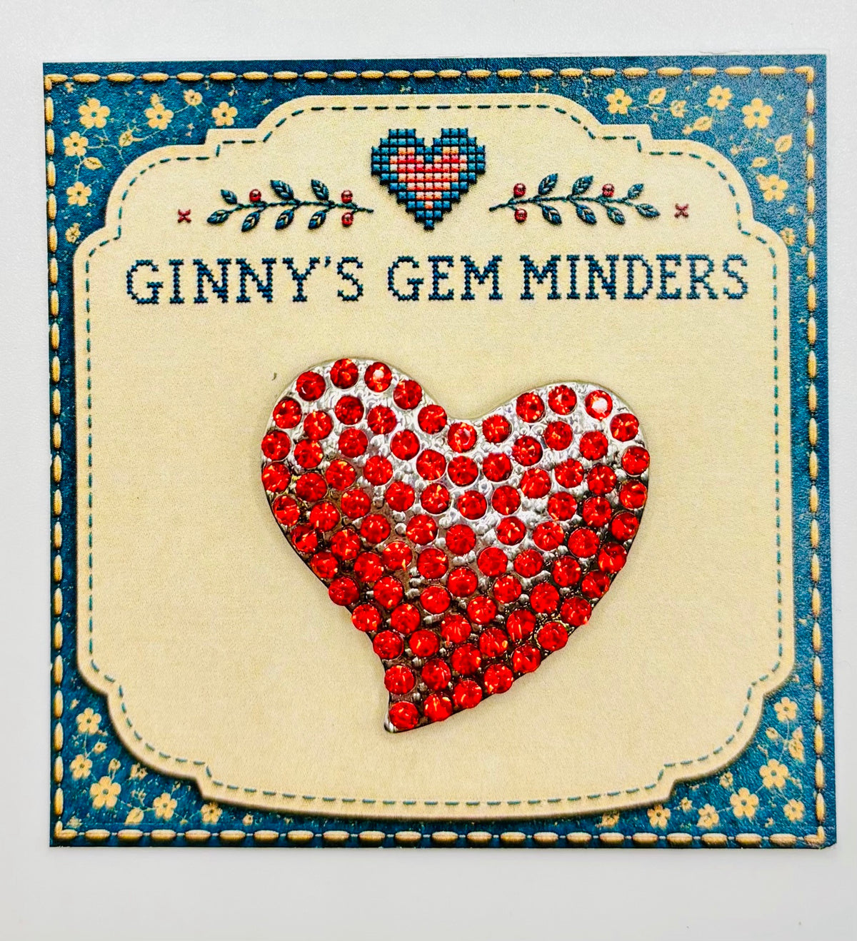 Lovely Little Red Crystal Heart Needle Minder — display card
