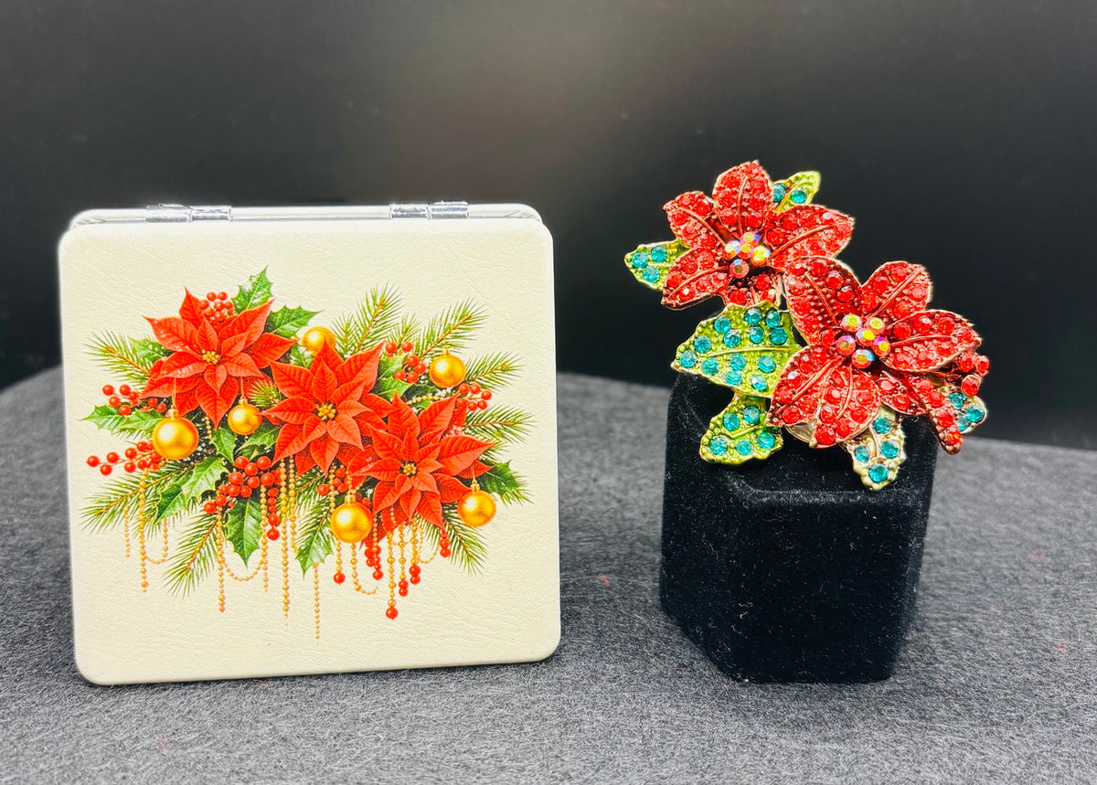 Poinsettia bead case paired with a red crystal poinsettia needle minder