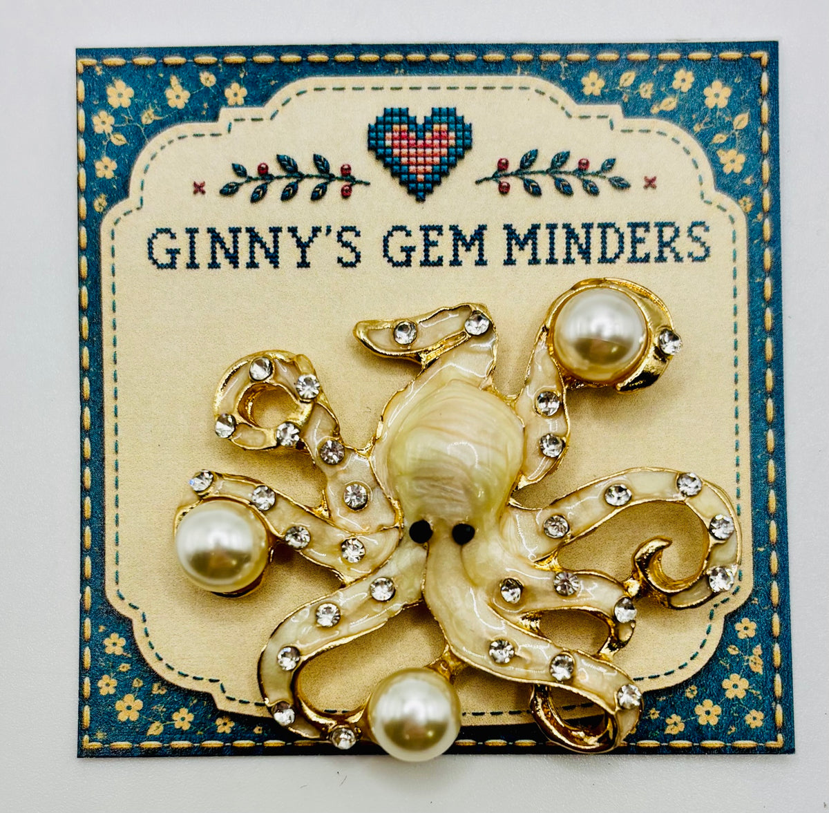 Stunning Pearl Octopus Needle Minder on Ginny’s Gem Minders display card