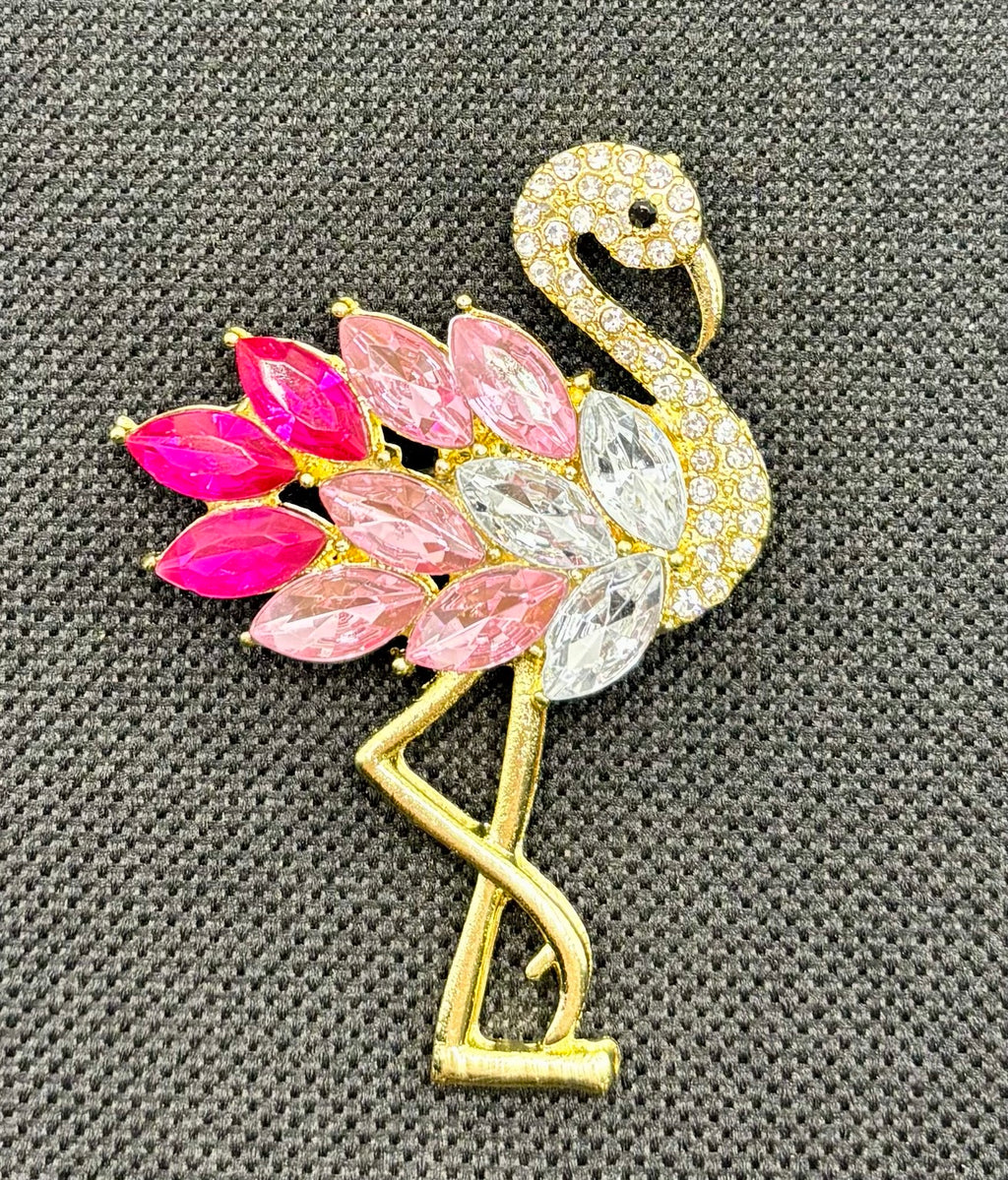 Pink crystal flamingo needle minder — dark fabric