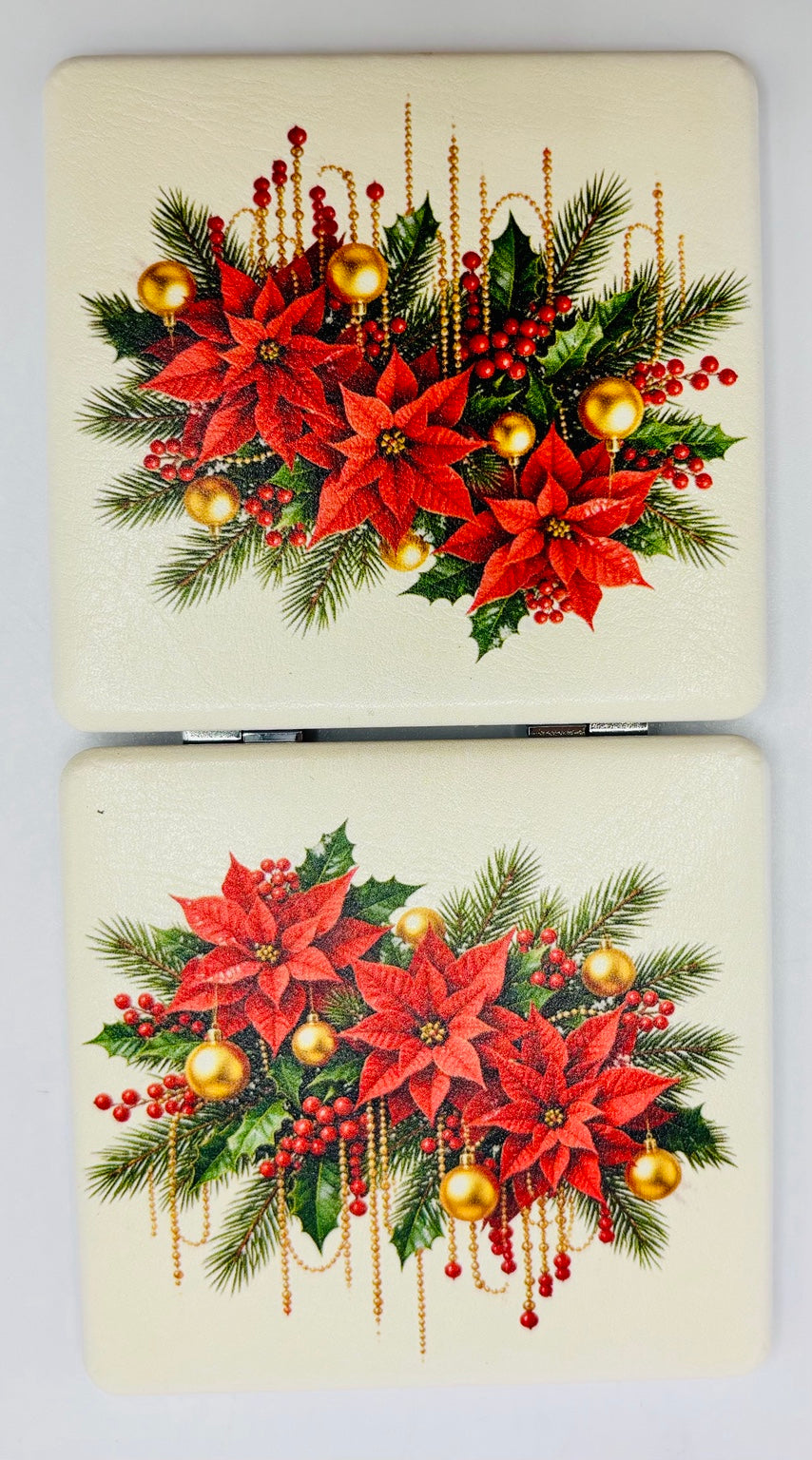 Poinsettia Garland Bead Case showing both decorated panels