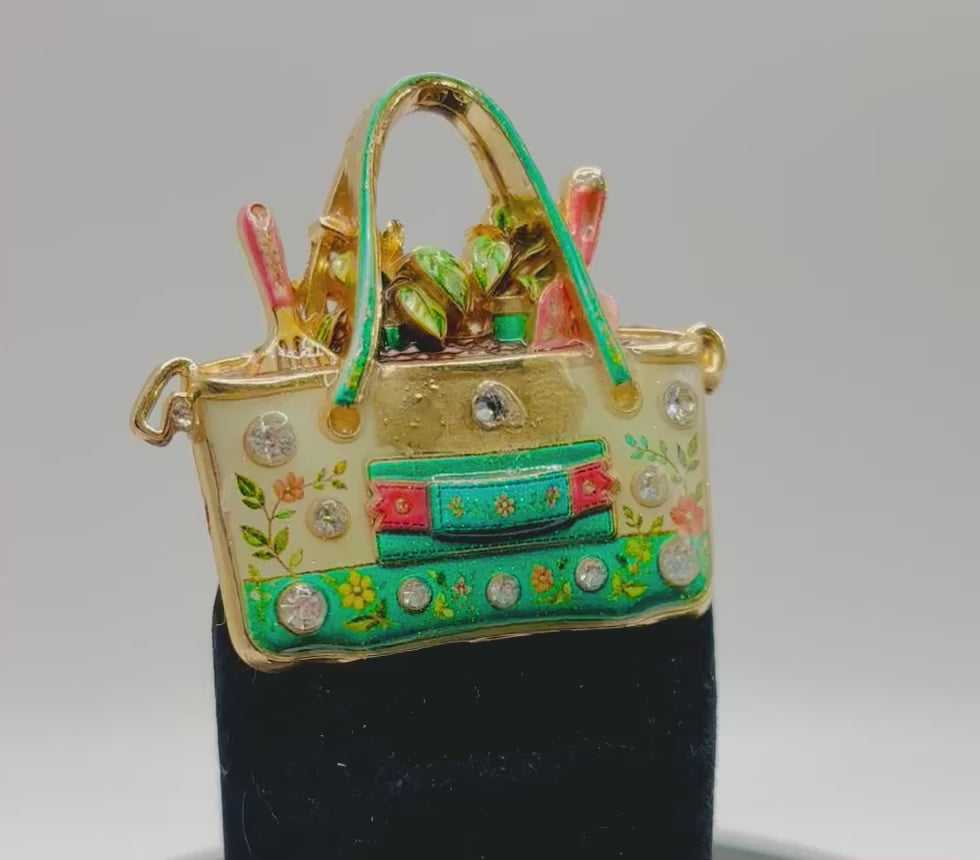 Adorable Enamel and Crystal Gardeners Tote Needle Minder