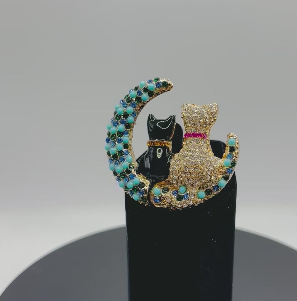 Black and Crystal Cats on Turquoise Moon Needle Minder