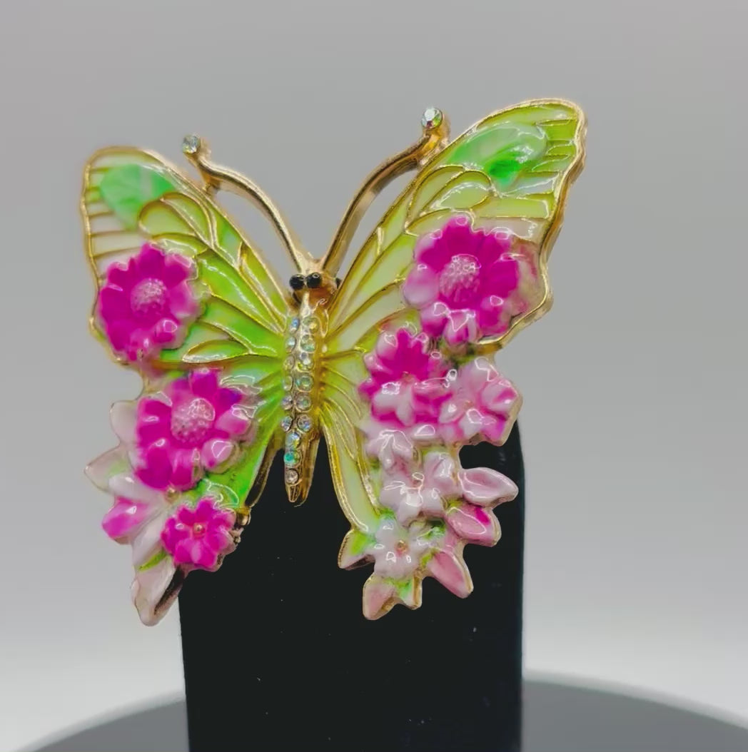 Pretty Pink and Green Enamel Butterfly Needle Minder