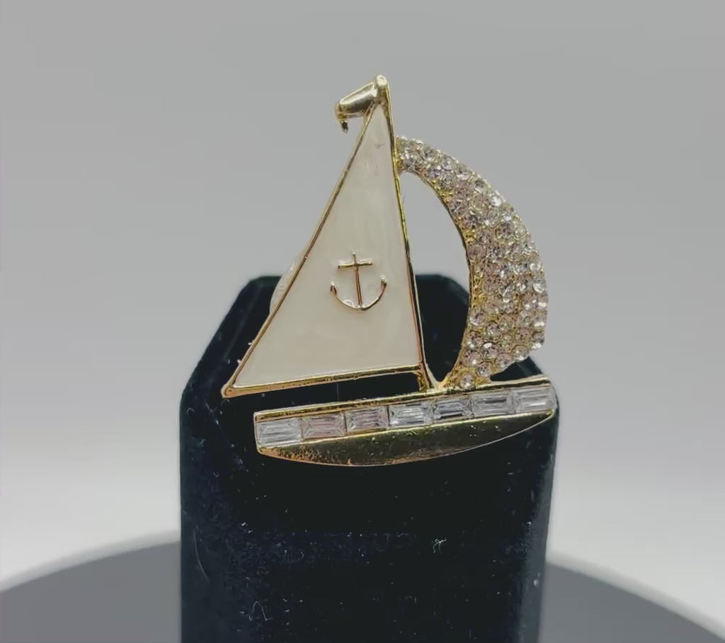 Pretty Enamel and Crystal Sailboat Needle Minder
