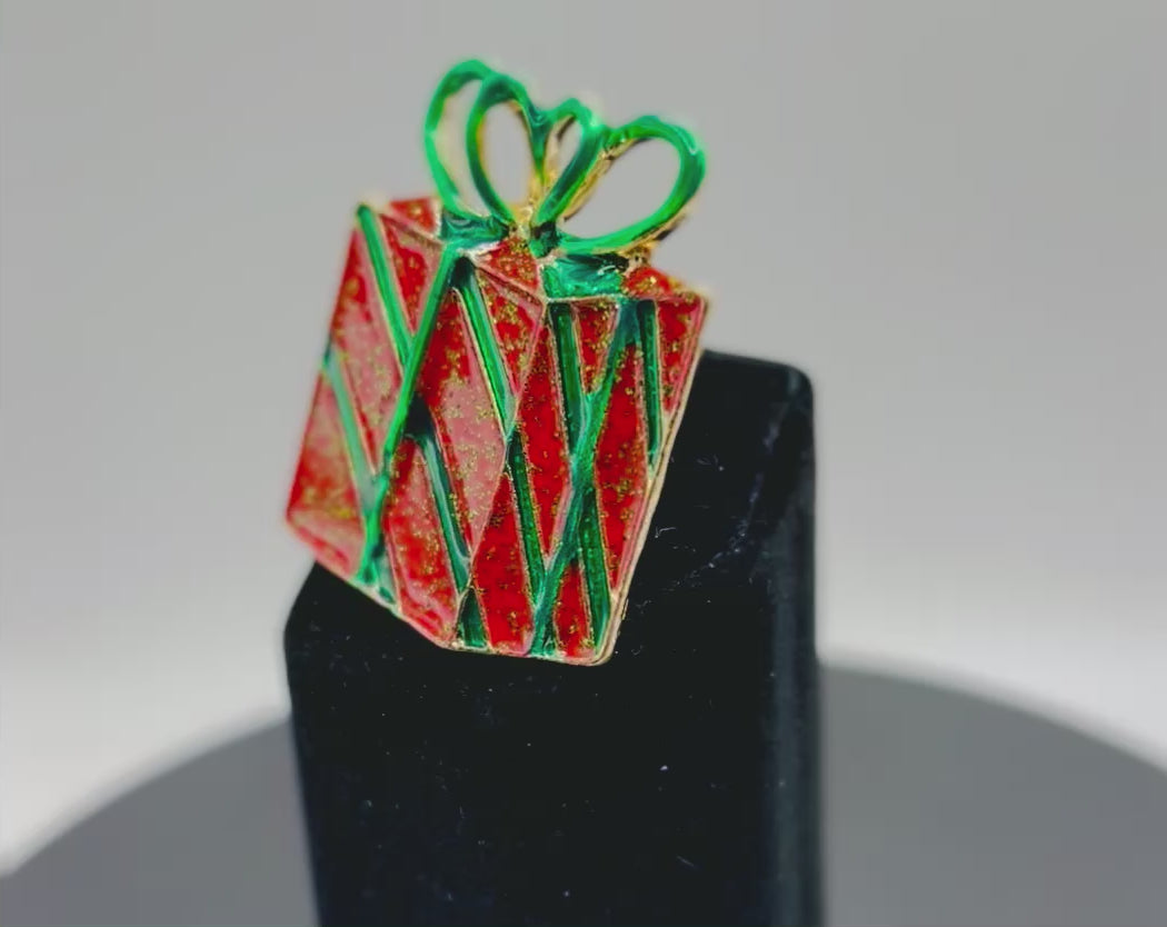 Large Red Enamel Present Needle Minder
