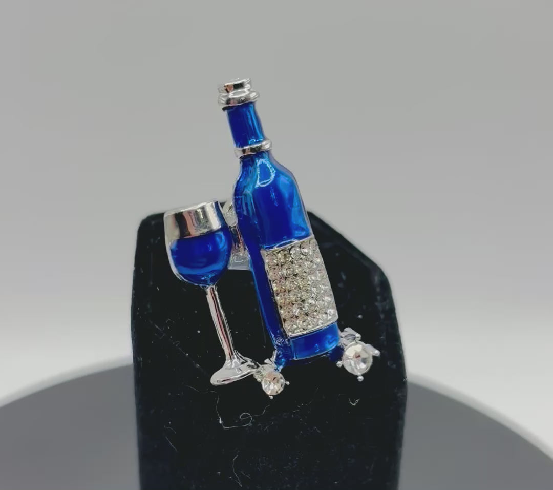 Small Blue Enamel Wine Bottle and Glass Needle Minder