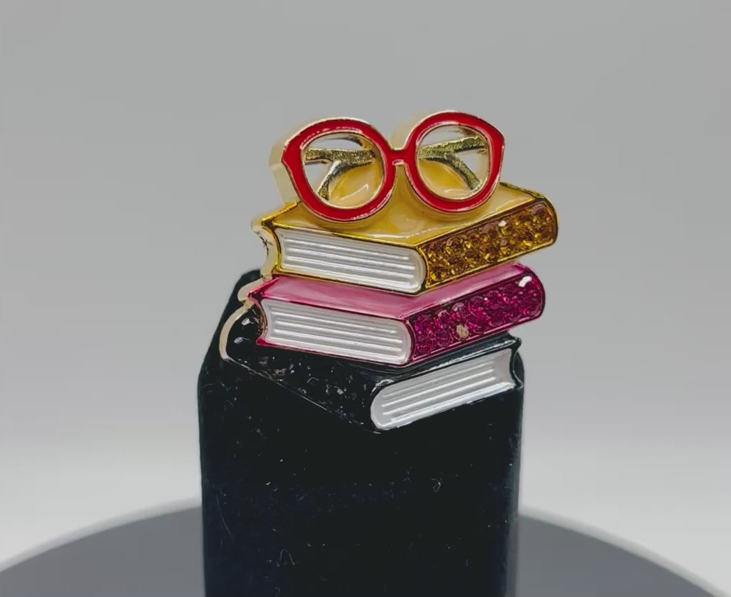 Enamel and Crystal Book Stack with Glasses Needle Minder