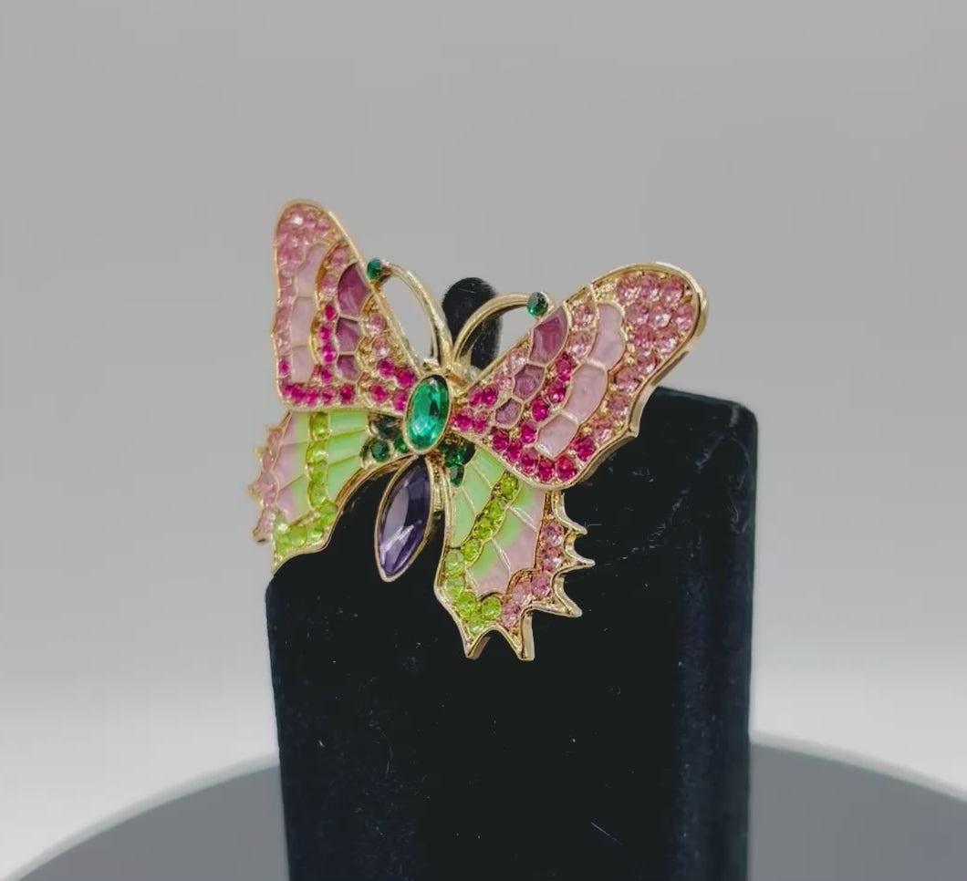 Beautiful Pink and Green Enamel Crystal Butterfly Needle Minder