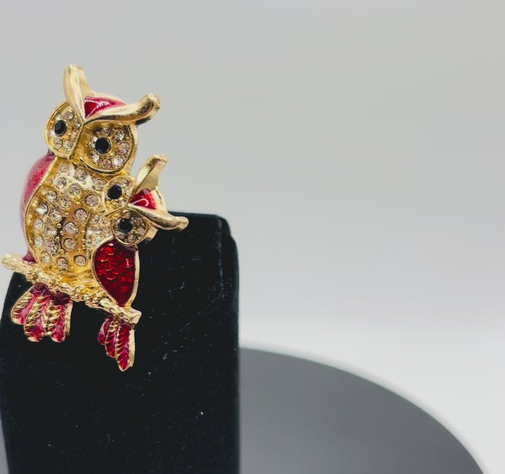 Lovely Red Enamel and Crystals Owl Pair Needle Minder