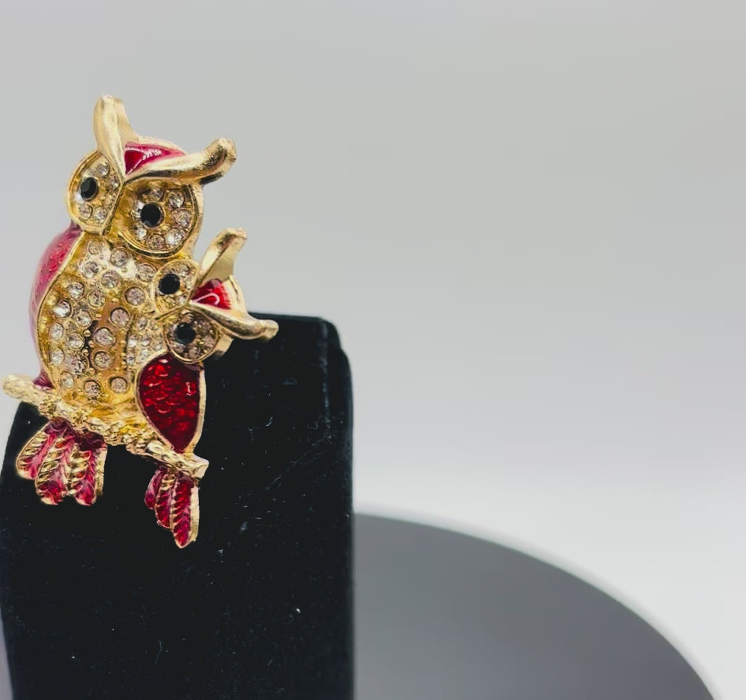 Lovely Red Enamel and Crystals Owl Pair Needle Minder