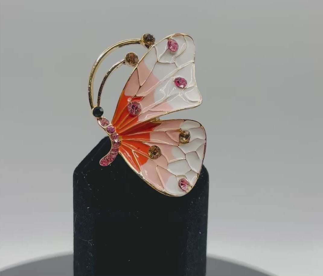 Beautiful Enamel and Crystal Peach and White Butterfly Needle Minder
