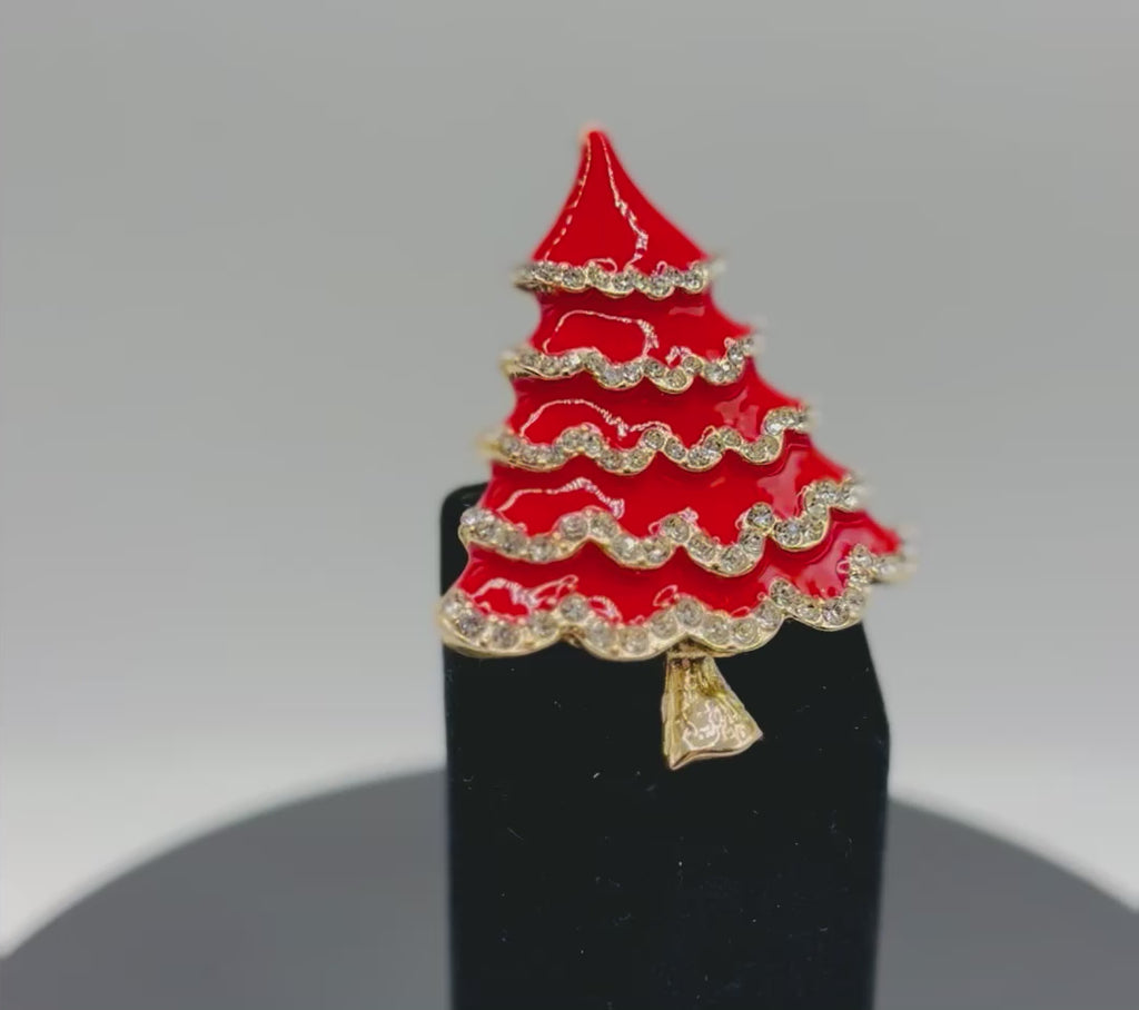 Pretty Red Enamel Tree with Crystals Needle Minder