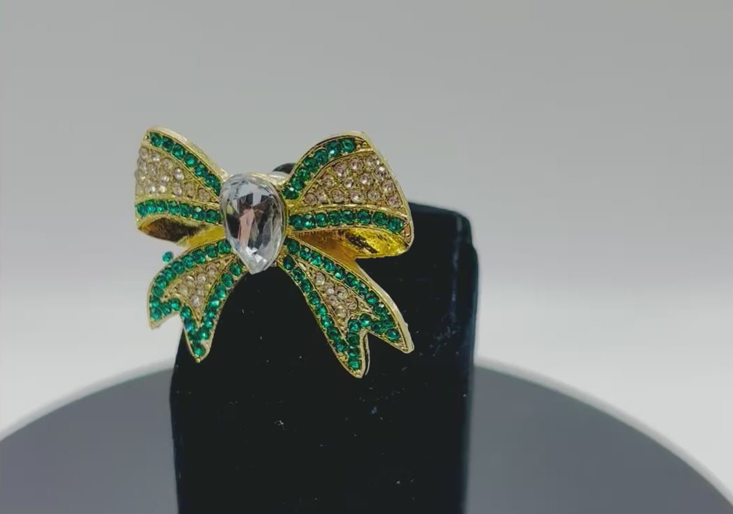 Beautiful Green and Gold Crystal Bow Needle Minder