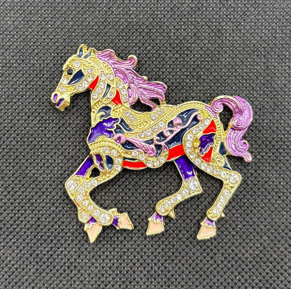 Purple Scroll Horse Needle Minder — dark fabric