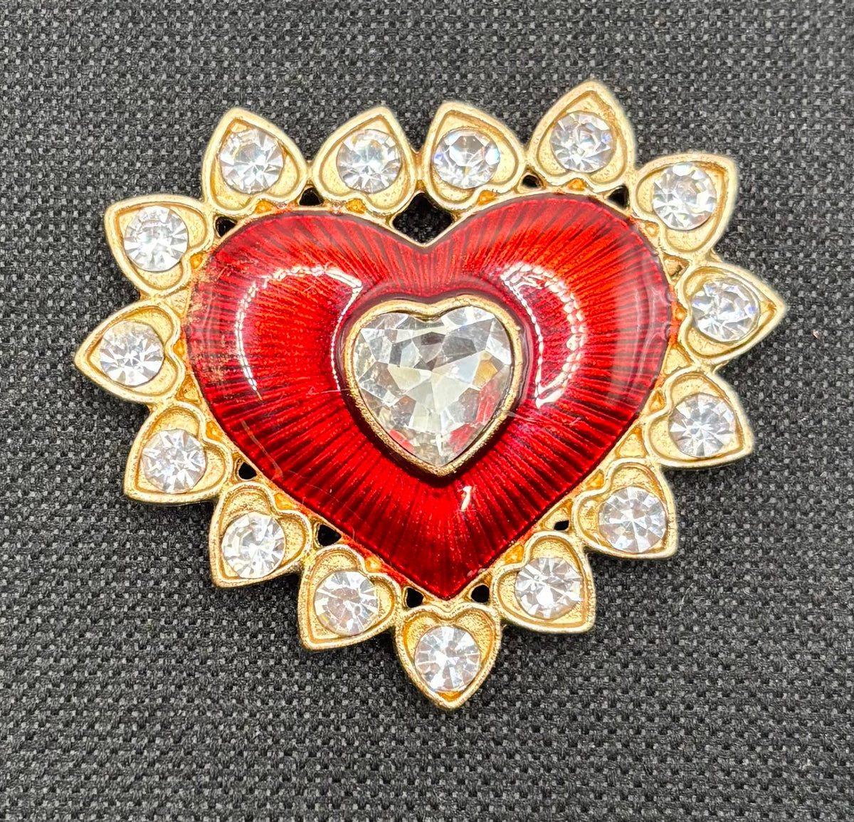 Gorgeous Red Enamel and Crystal Heart Needle Minder — dark fabric