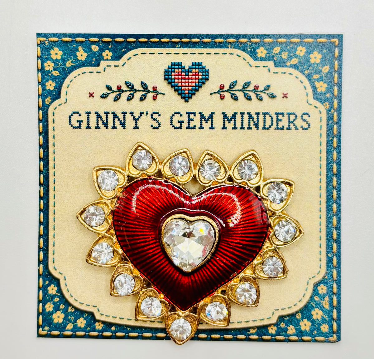 Gorgeous Red Enamel and Crystal Heart Needle Minder — display card