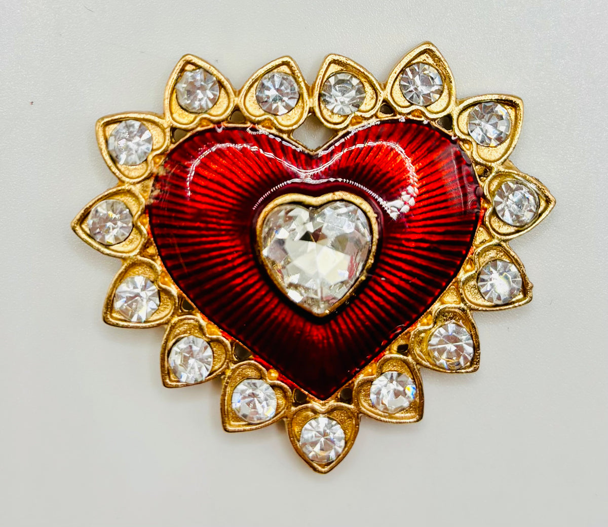 Gorgeous Red Enamel and Crystal Heart Needle Minder — white background