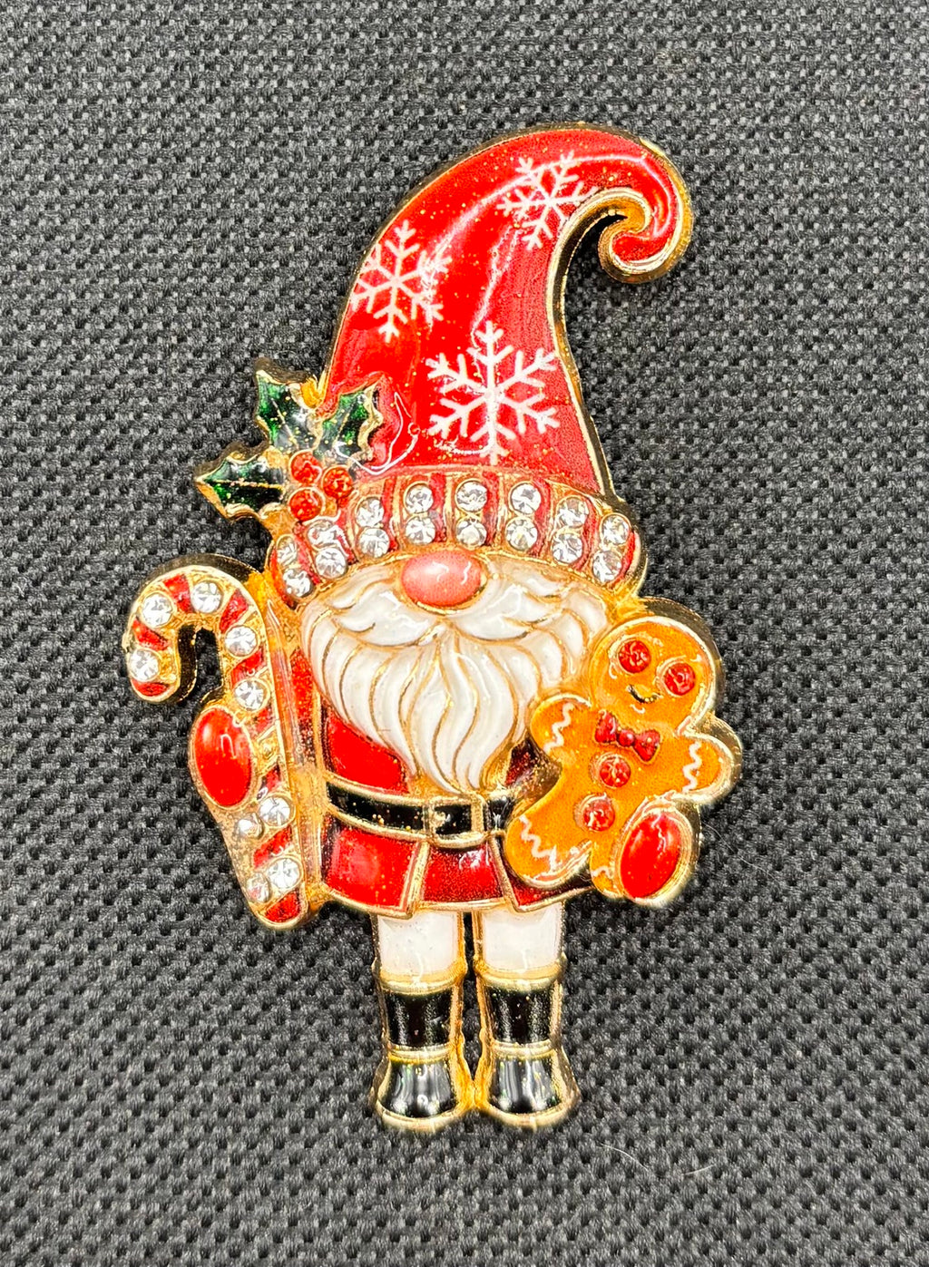 Cute Red Hat Gnome Needle Minder on dark fabric