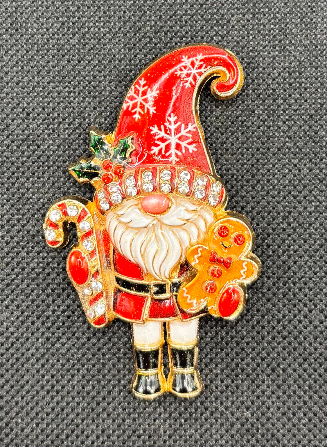 Cute Red Hat Gnome Needle Minder on dark fabric