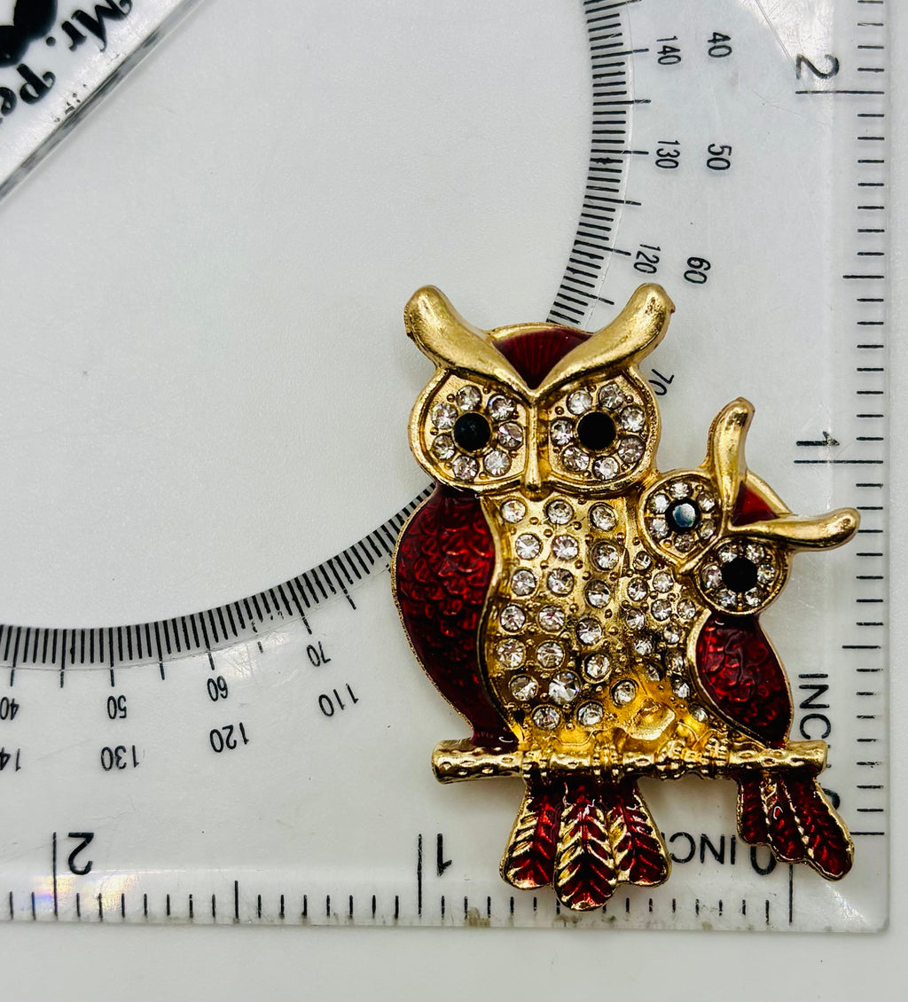 Red enamel and crystal owl pair needle minder — ruler scale