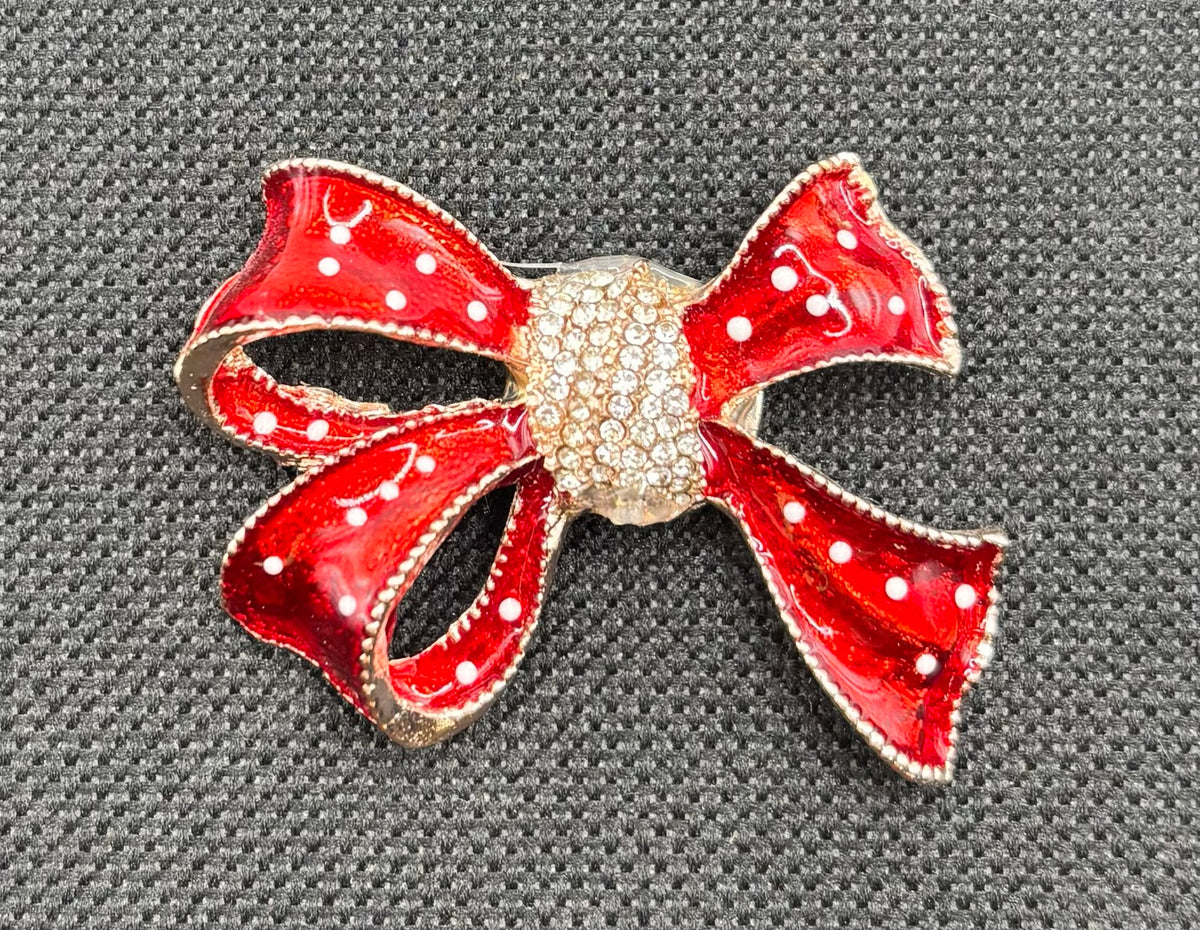 Lovely Red and White Polka Dot Bow Needle Minder — dark fabric