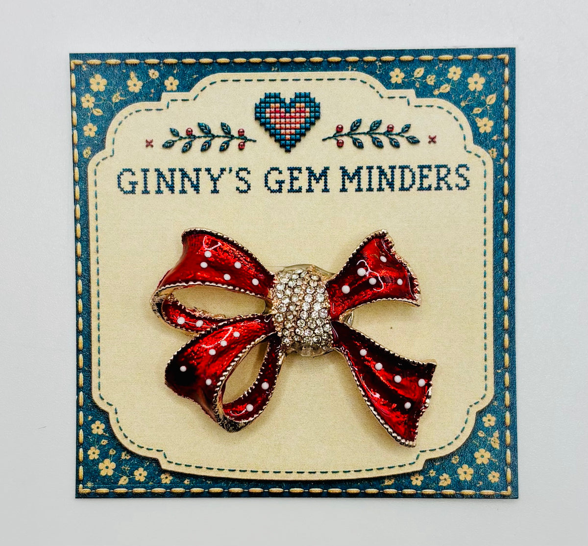 Lovely Red and White Polka Dot Bow Needle Minder — display card