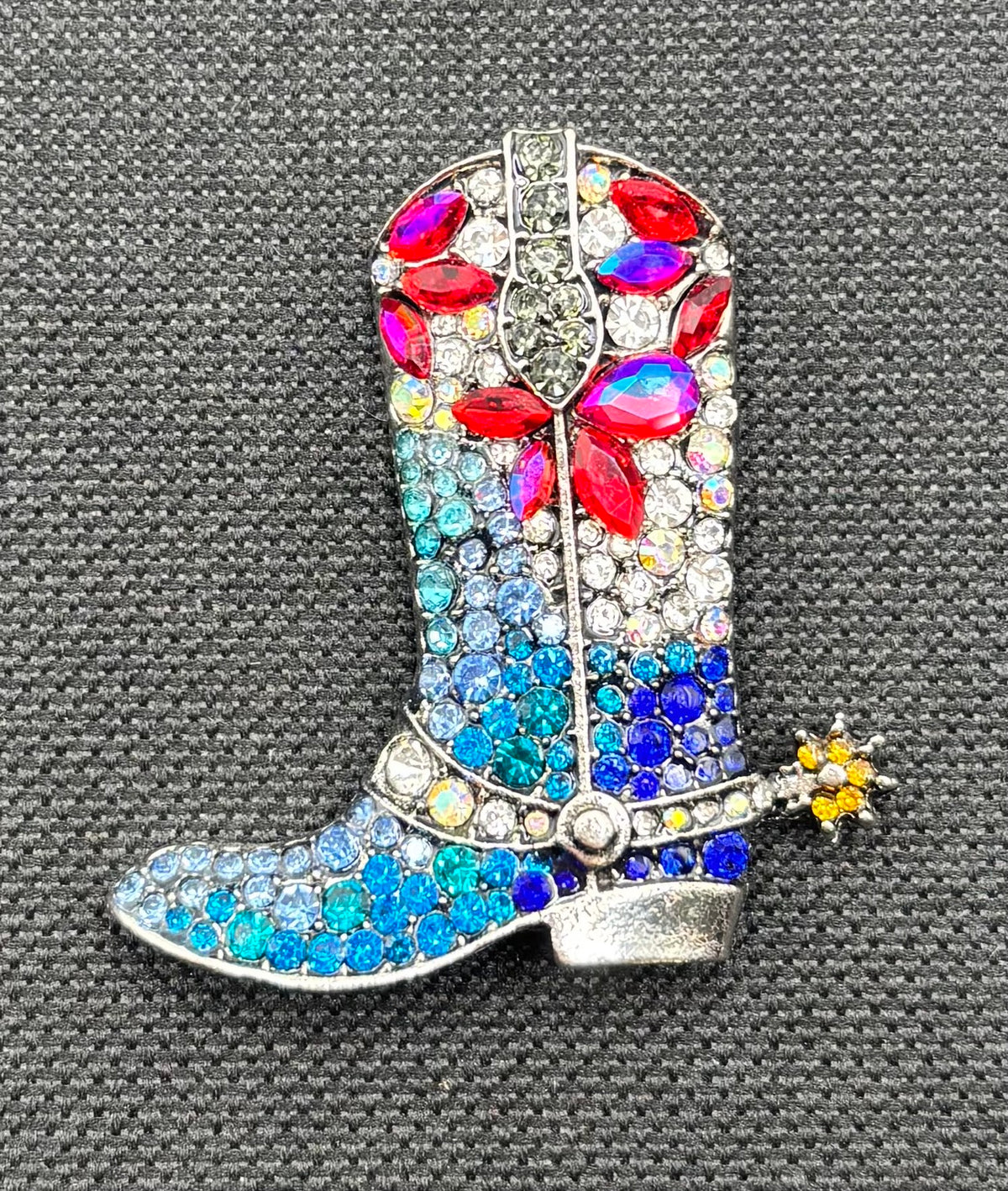 Sparkly Crystal Cowgirl Boot Needle Minder — dark fabric