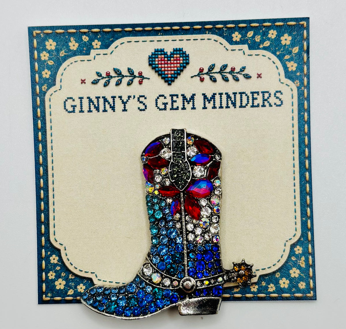 Sparkly Crystal Cowgirl Boot Needle Minder — display card