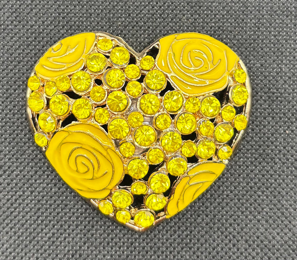 Pretty Yellow Roses Crystal Heart Needle Minder — dark fabric