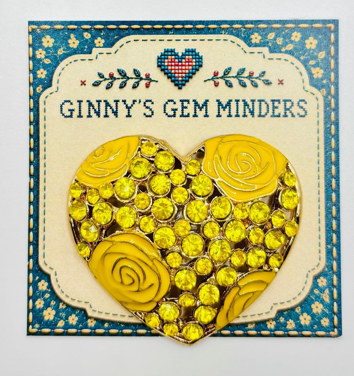 Pretty Yellow Roses Crystal Heart Needle Minder — display card